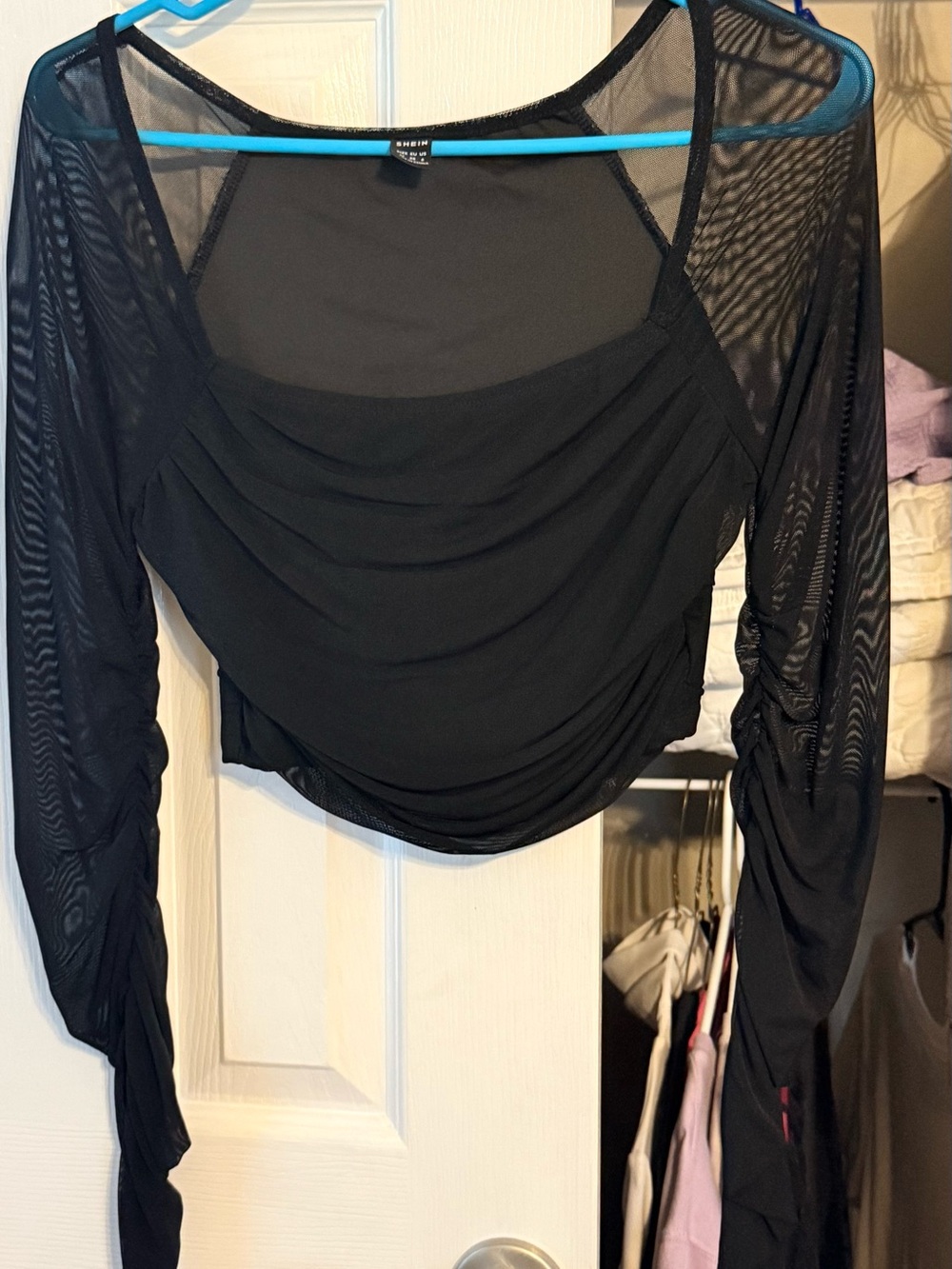 SHEIN Black Sheer Ruched Long-Sleeve Crop Top